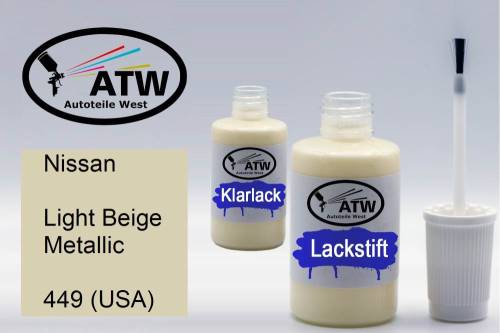 Nissan, Light Beige Metallic, 449 (USA): 20ml Lackstift + 20ml Klarlack - Set, von ATW Autoteile West.